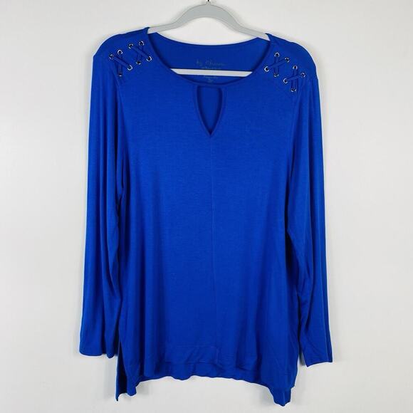 Chico's Size Medium 8 1 Lacing Detail Top Blue Long Sleeve - Picture 1 of 5